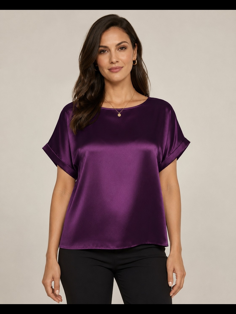 Satin Short-Sleeve Blouse in Deep Purple Size MEDIUM